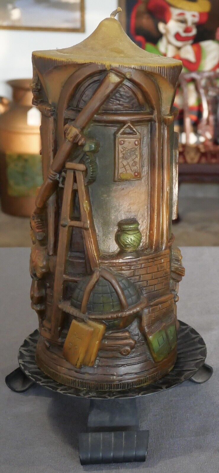 Mid 20th Century German Johann Gunter Observatory Scene Carved Candle with Stand