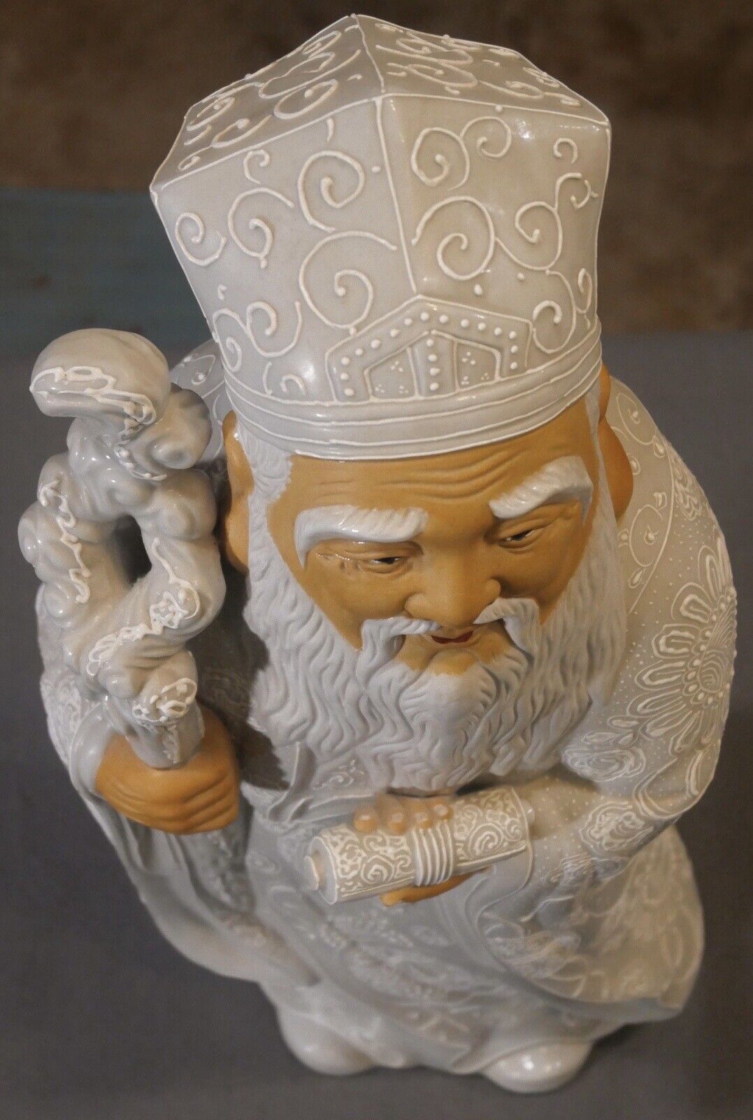 Vintage Circa 1970 Japanese Kutani Moriage Porcelain Taoist God Jurojin Statue