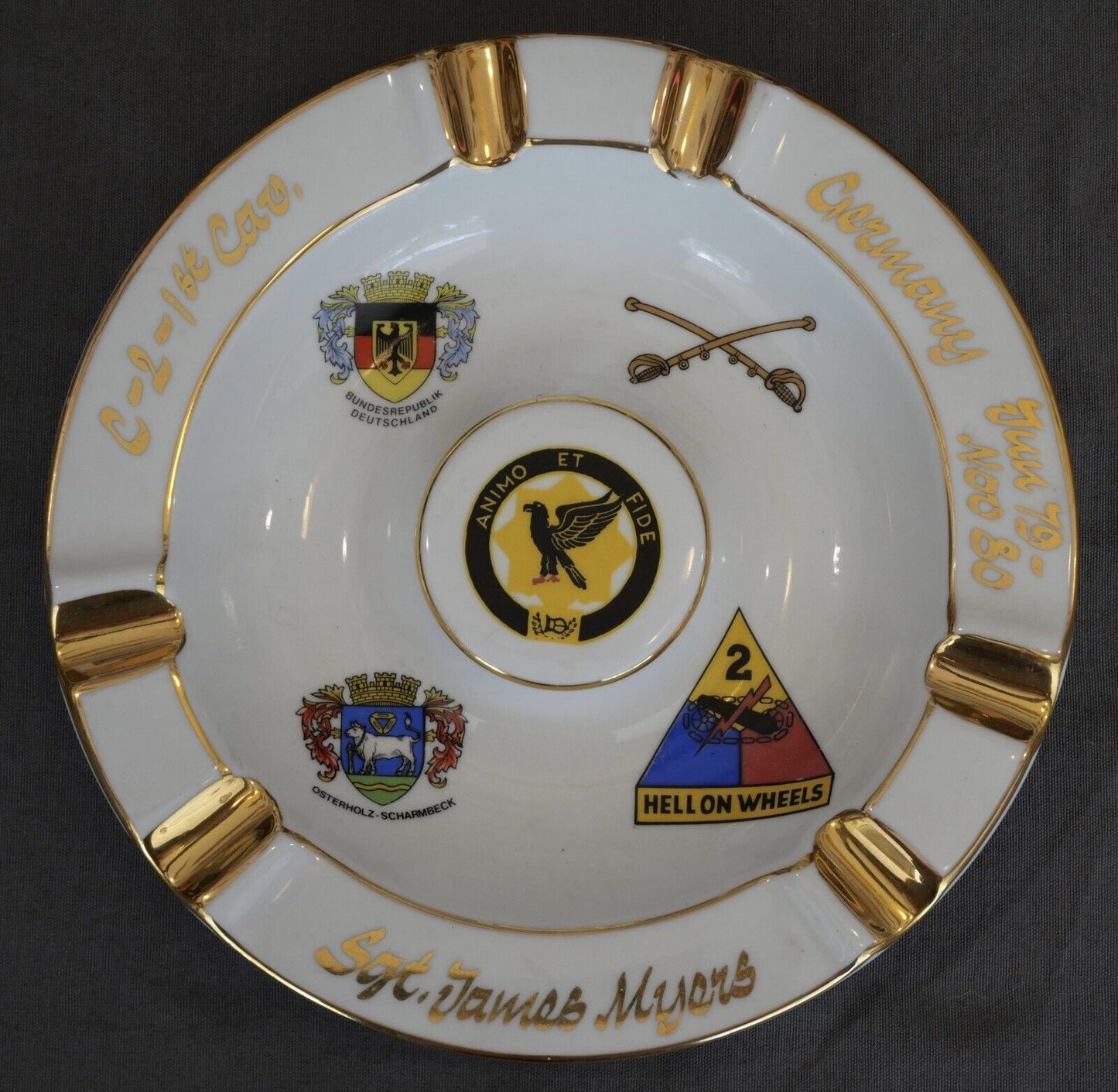 Vintage 1979-80 U.S. Army 1st Cavalry German Porcelain Souvenir Cigar Ashtray