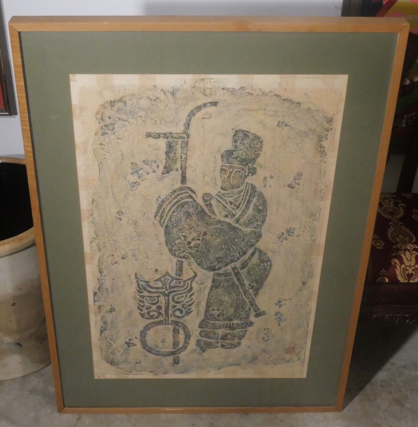 Vintage Mid 20th Century Thai Holy Man in Robe Framed Charcoal Rubbing Art