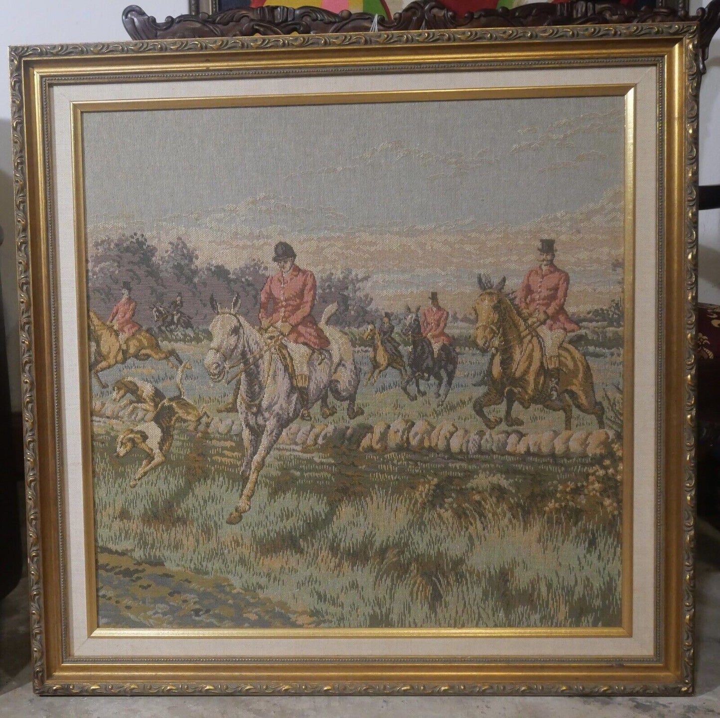 Pair of Vintage French Hunting Scene Framed Tapestries from 1984 New Orleans World's Fair