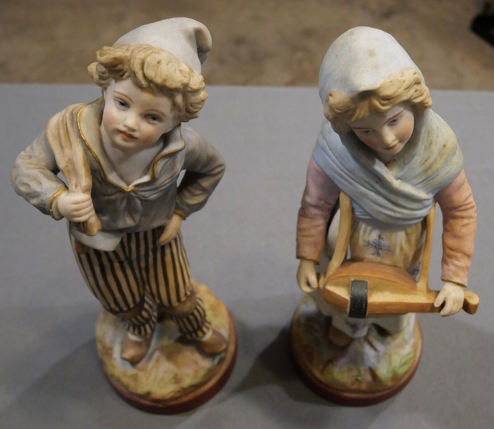 Late 19th Century French Mauger ets Fils Bisque Young Boy & Girl Figurines