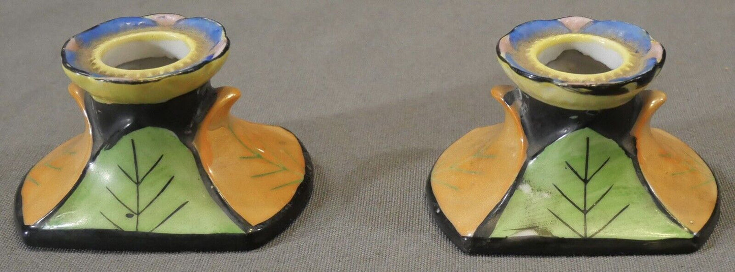Pair of Mid 20th Century Japanese Lusterware Porcelain Leaf Motifs Candlesticks