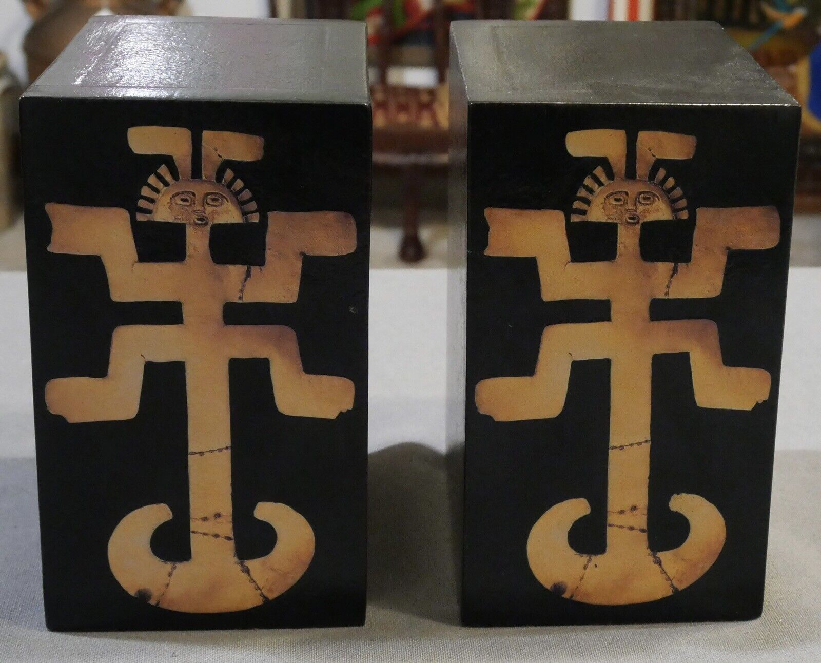 Pair of Mid 20th Century Pre-Columbian Toloma Anthropomorphic Motif Leather Covered Weighted Bookends