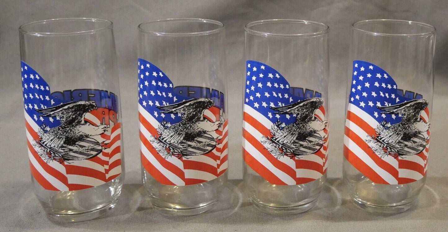 Set of 4 Vintage 1970's America Proud Eagle/Flag Motif Glasses