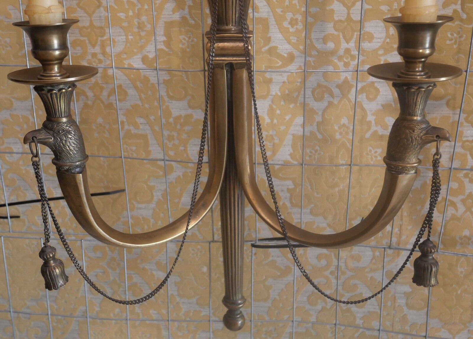 Pair of 1980's American Federal Style Gilt Brass Eagle/Torch Candelabra Sconces