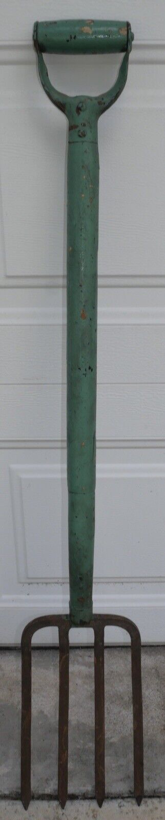 Circa 1920 American Primitive Pastel Green Painted Wood Handle Metal Hayfork