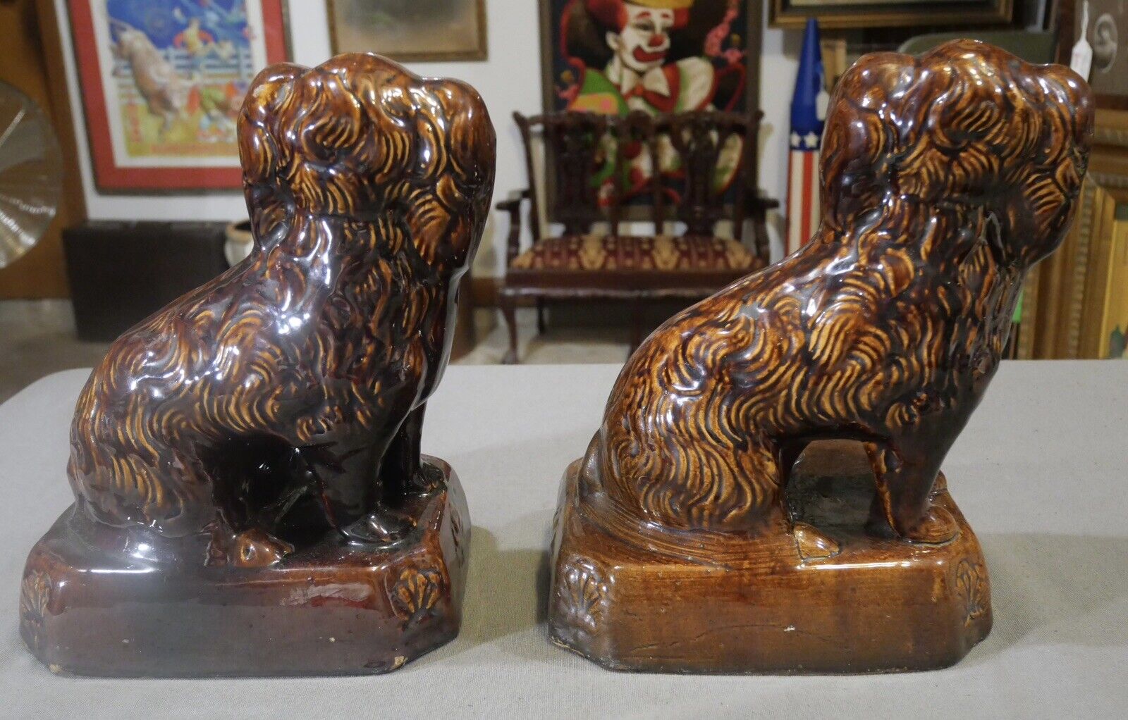 Pair of Circa 1860 American Pottery Rockingham Glaze Spaniel Doorstops/Mantel Dogs