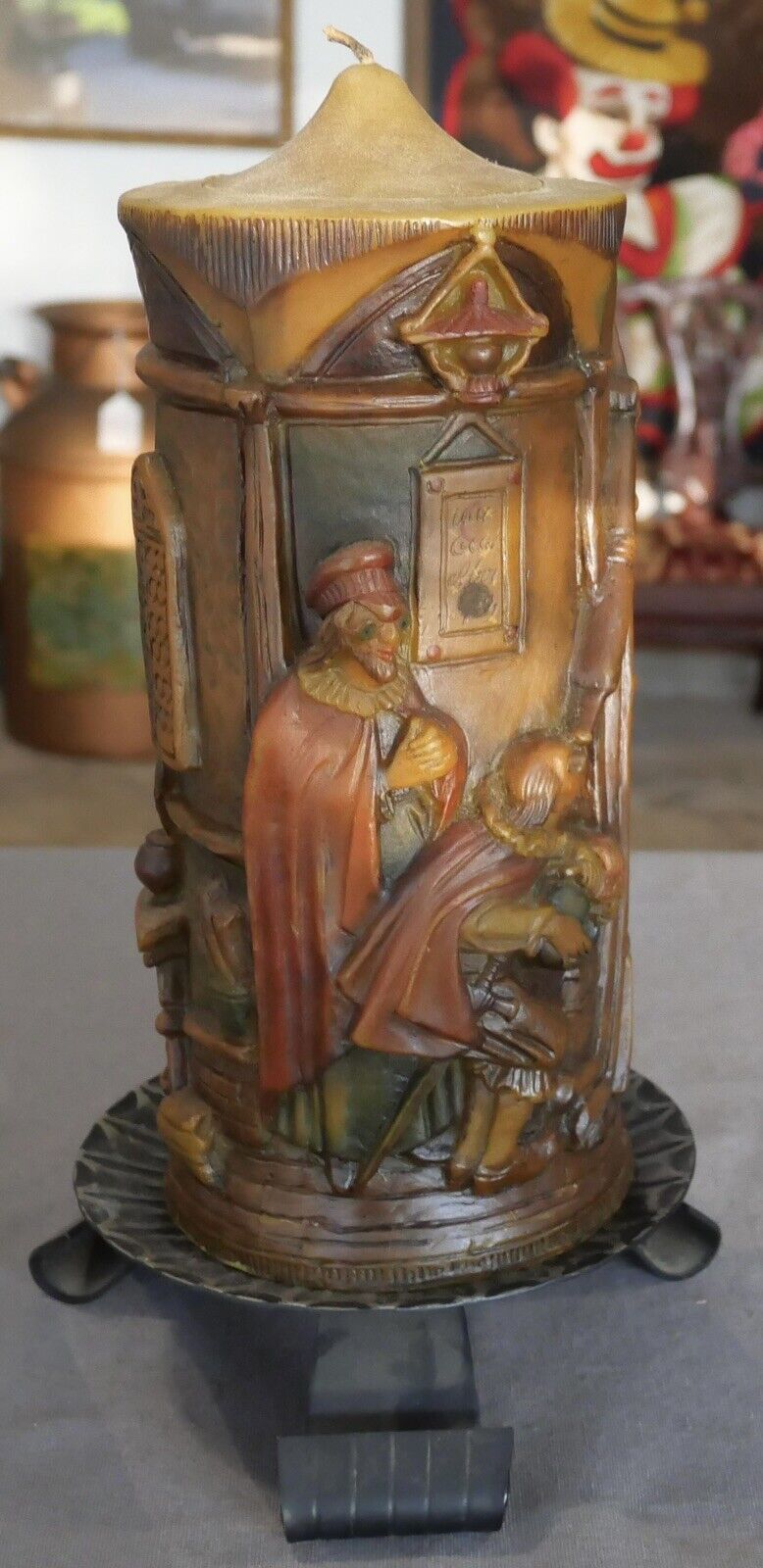 Mid 20th Century German Johann Gunter Observatory Scene Carved Candle with Stand