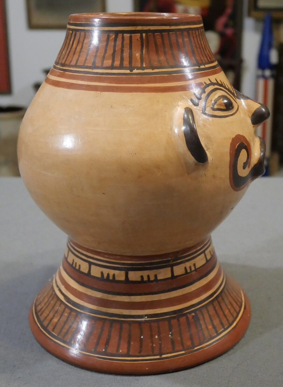 Mid 20th Century Costa Rican Pre-Columbian Style Nicoya Pottery Pataky Polychrome Anthropomorphic Head Footed Effigy Vessel