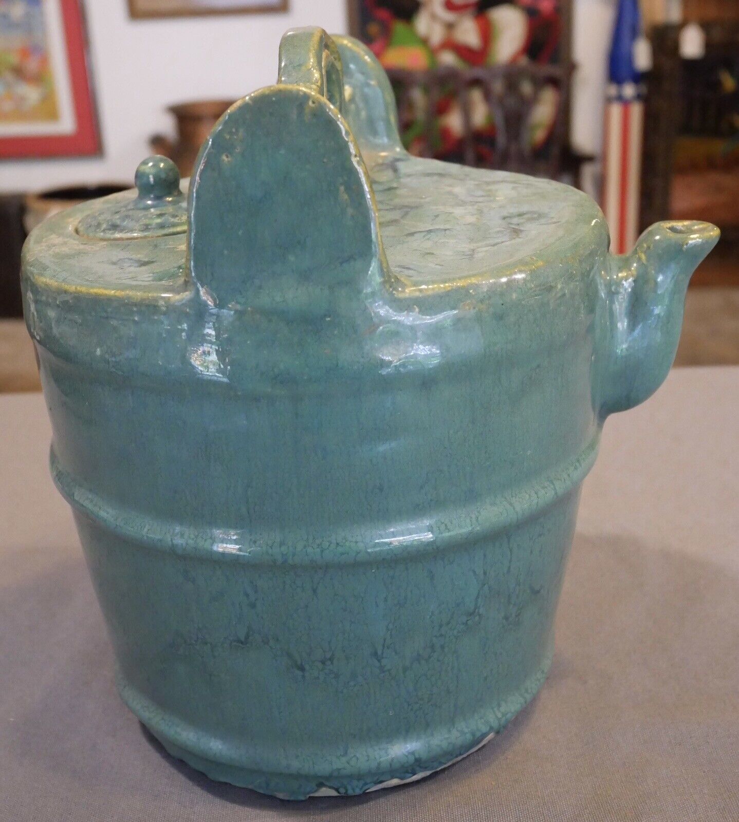 Early 20th Century Chinese Green Glazed Shiwan Pottery Well Bucket Form Water Pot