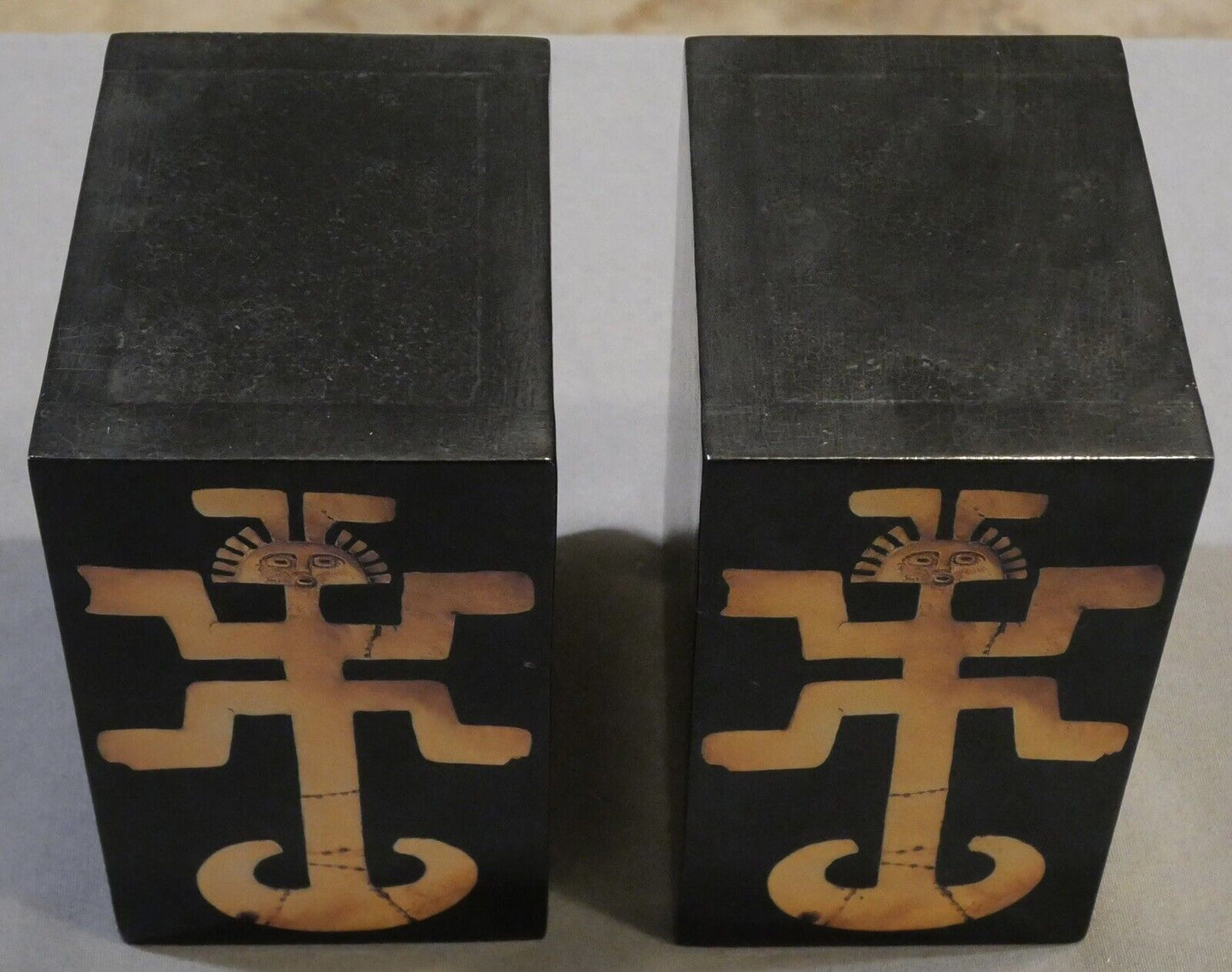 Pair of Mid 20th Century Pre-Columbian Toloma Anthropomorphic Motif Leather Covered Weighted Bookends