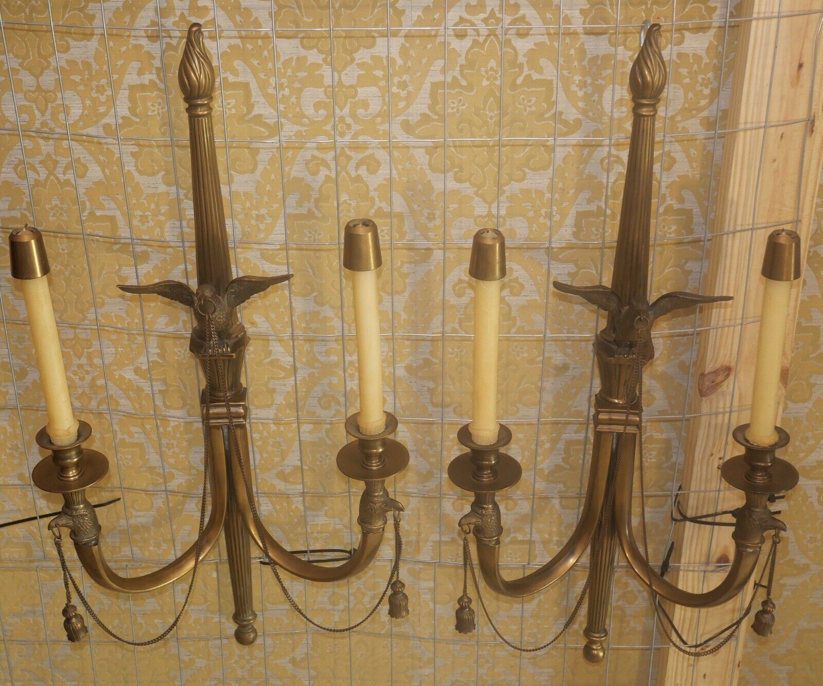 Pair of 1980's American Federal Style Gilt Brass Eagle/Torch Candelabra Sconces