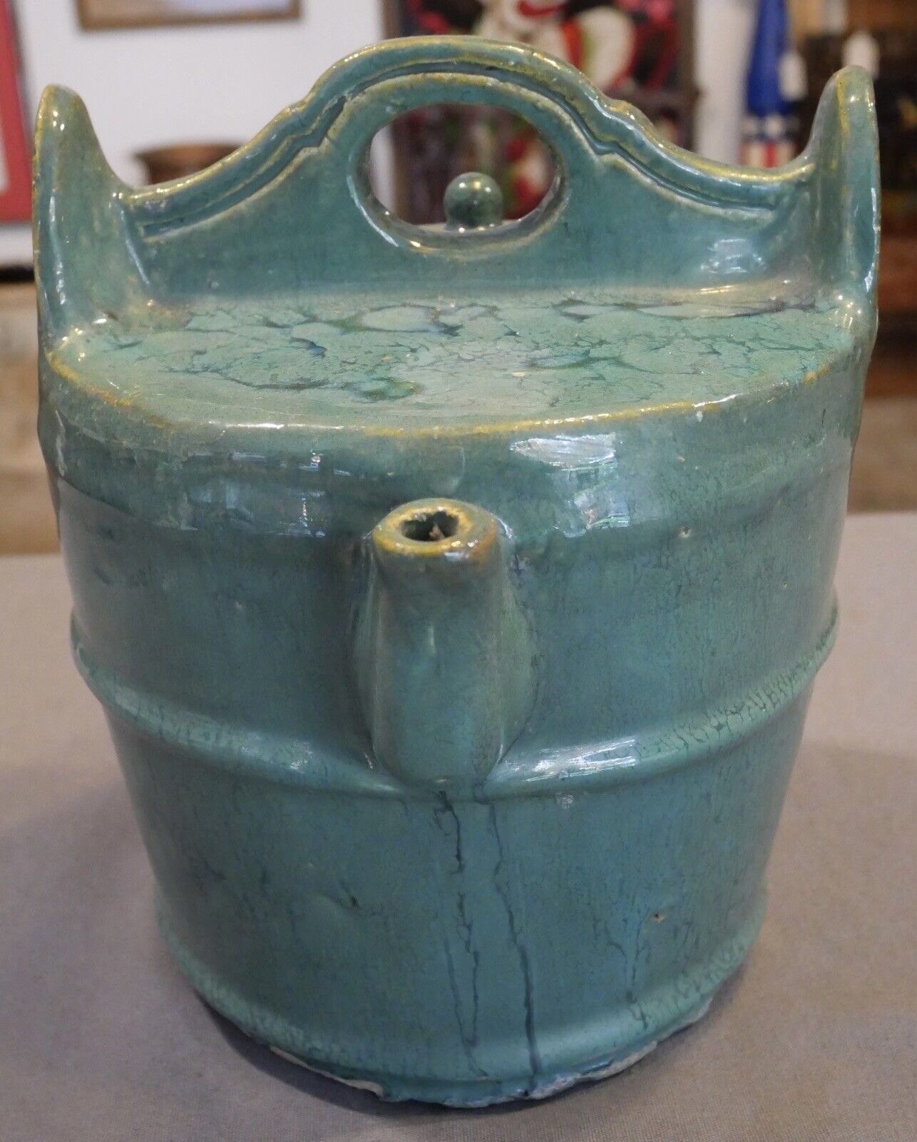 Early 20th Century Chinese Green Glazed Shiwan Pottery Well Bucket Form Water Pot