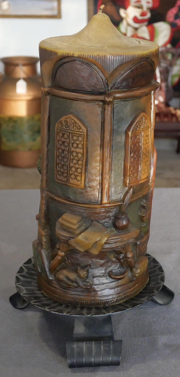 Mid 20th Century German Johann Gunter Observatory Scene Carved Candle with Stand