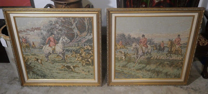 Pair of Vintage French Hunting Scene Framed Tapestries from 1984 New Orleans World's Fair
