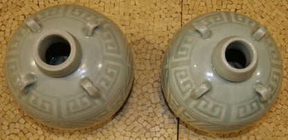 Pair of Vintage Circa 1970 Chinese Longquan Celadon Porcelain Shou Motifs Rotund Wine Jugs