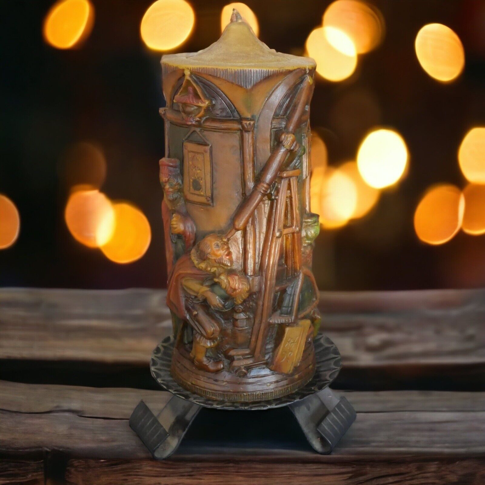 Mid 20th Century German Johann Gunter Observatory Scene Carved Candle with Stand