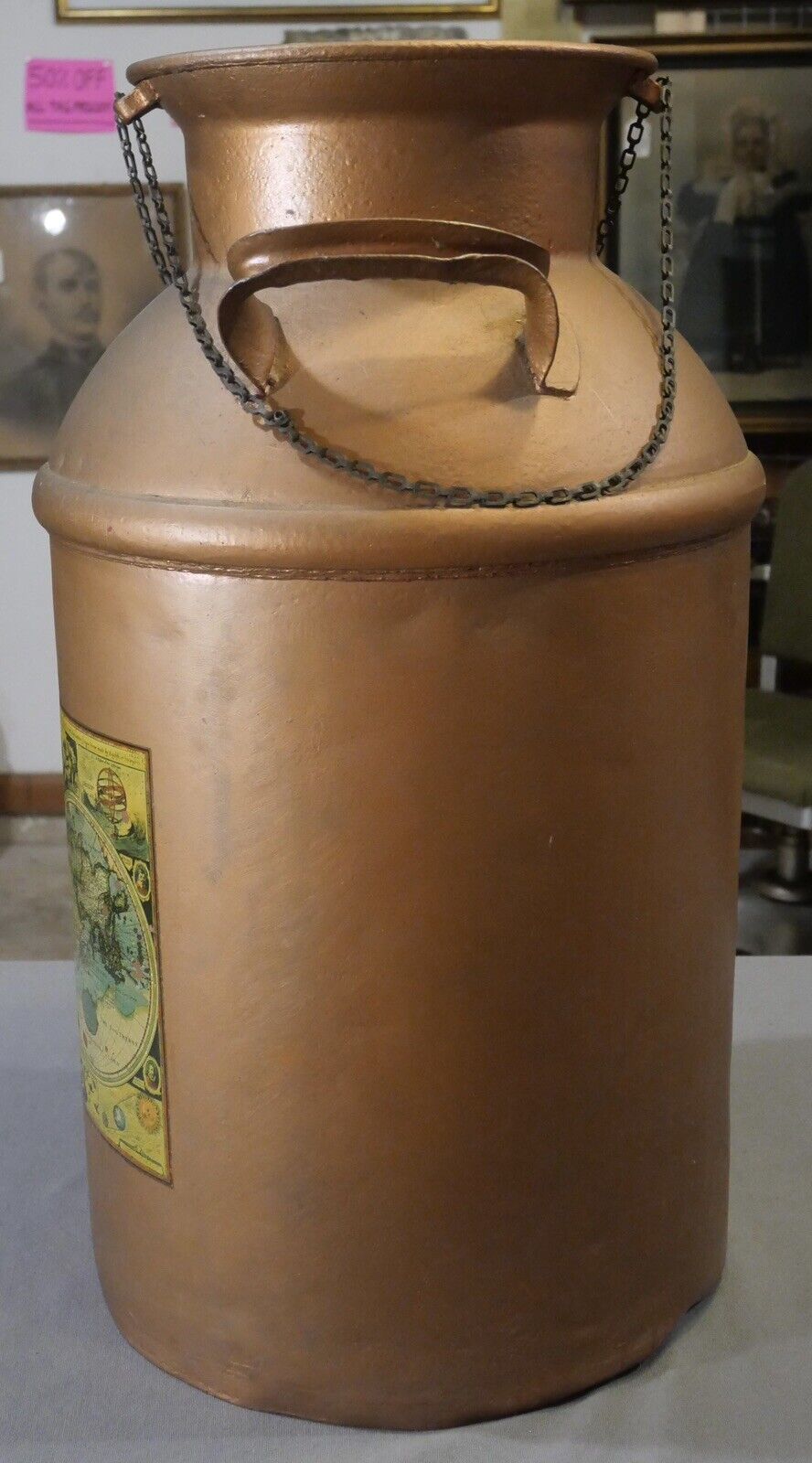 Vintage 1960's American Copper Tone Metal Old World Map Motif Milk Can