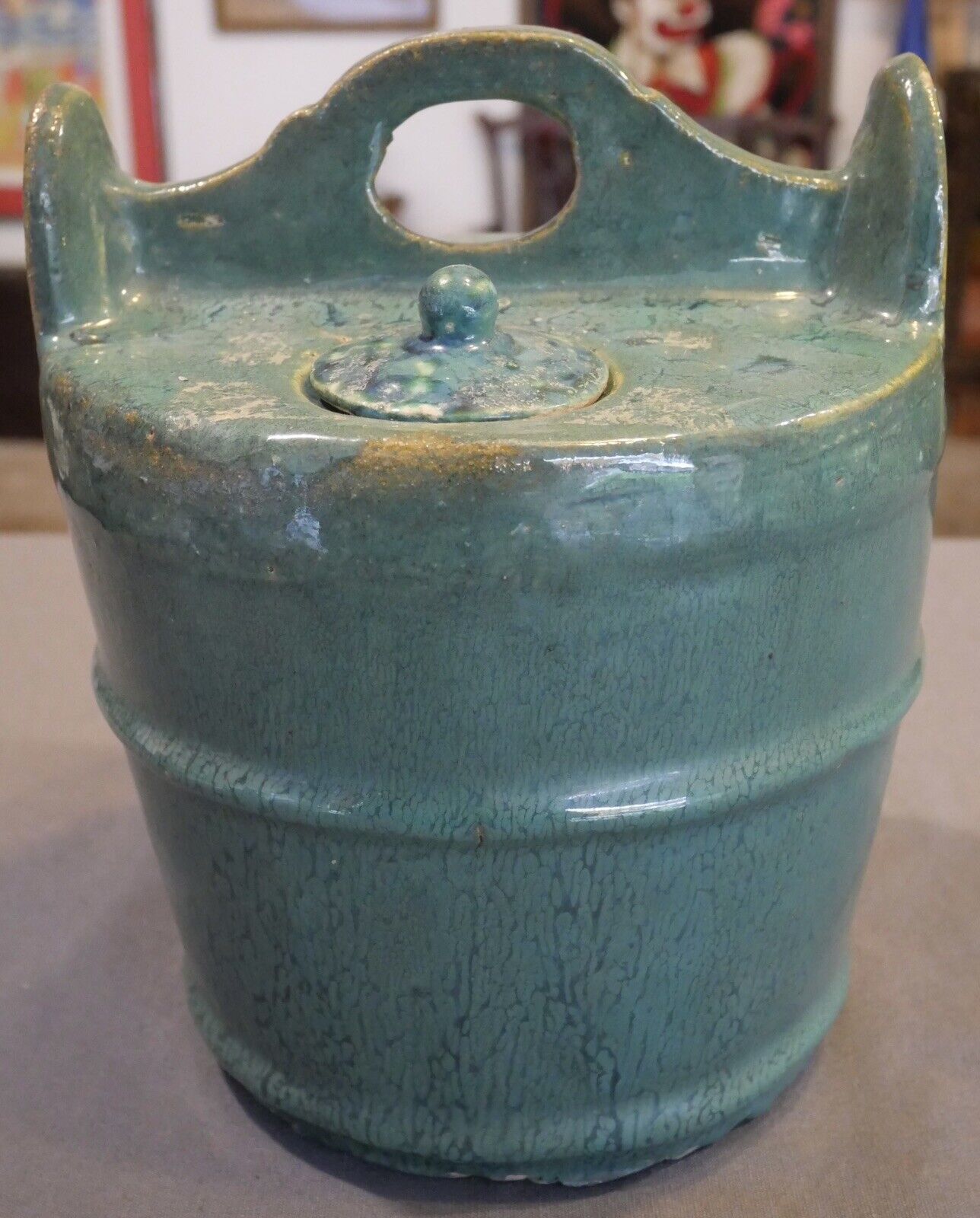 Early 20th Century Chinese Green Glazed Shiwan Pottery Well Bucket Form Water Pot