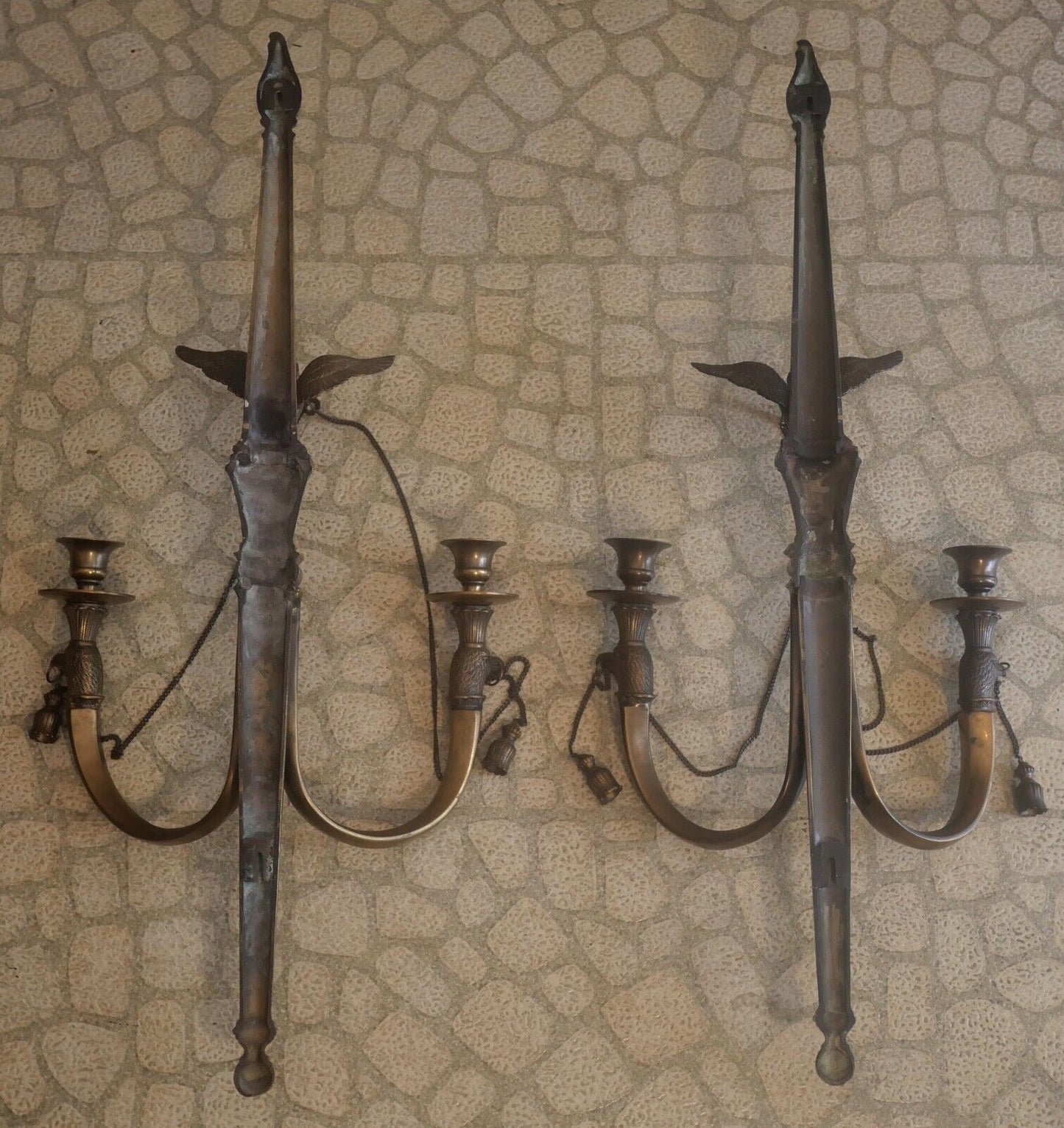 Pair of 1980's American Federal Style Gilt Brass Eagle/Torch Candelabra Sconces