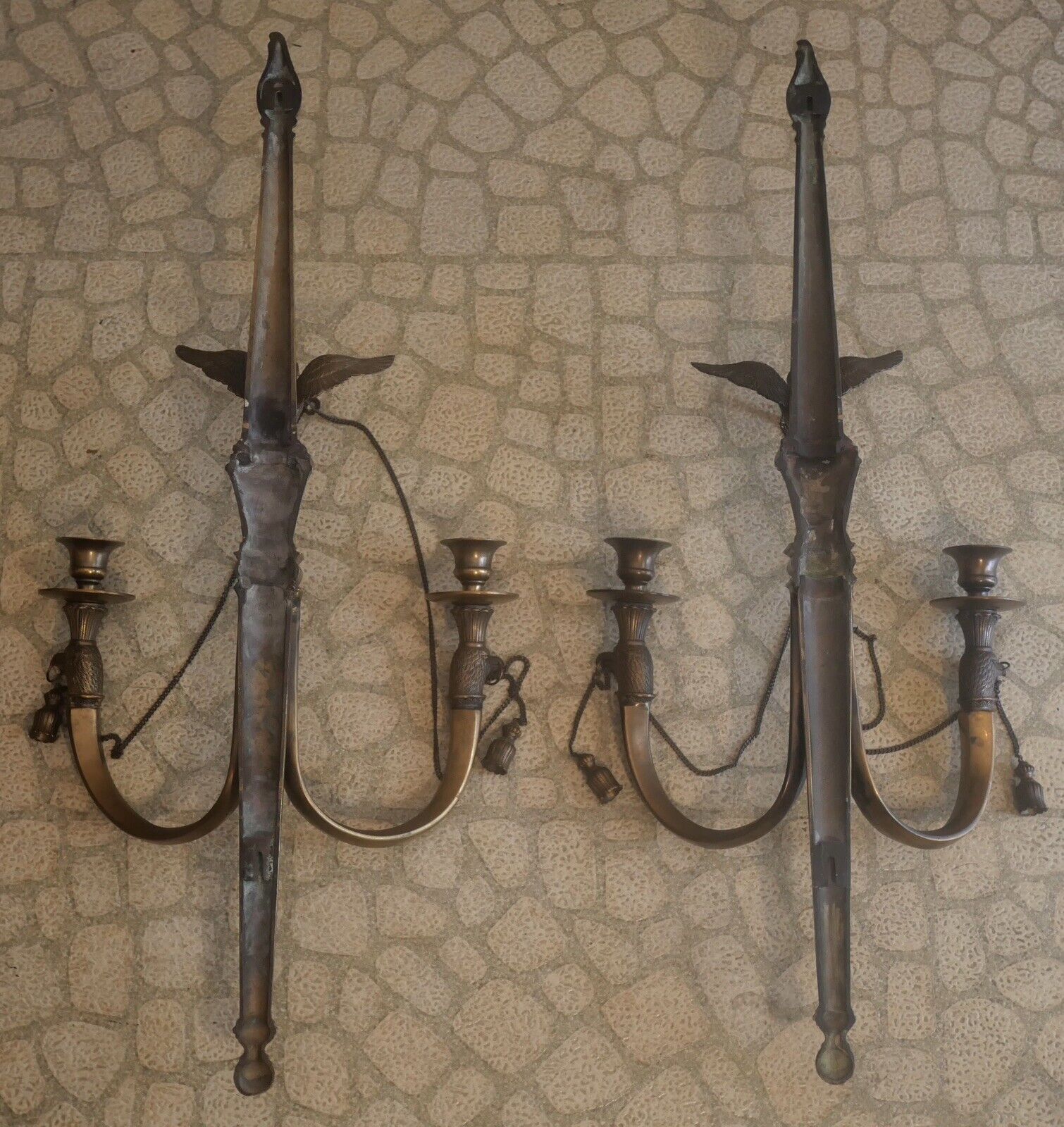 Pair of 1980's American Federal Style Gilt Brass Eagle/Torch Candelabra Sconces