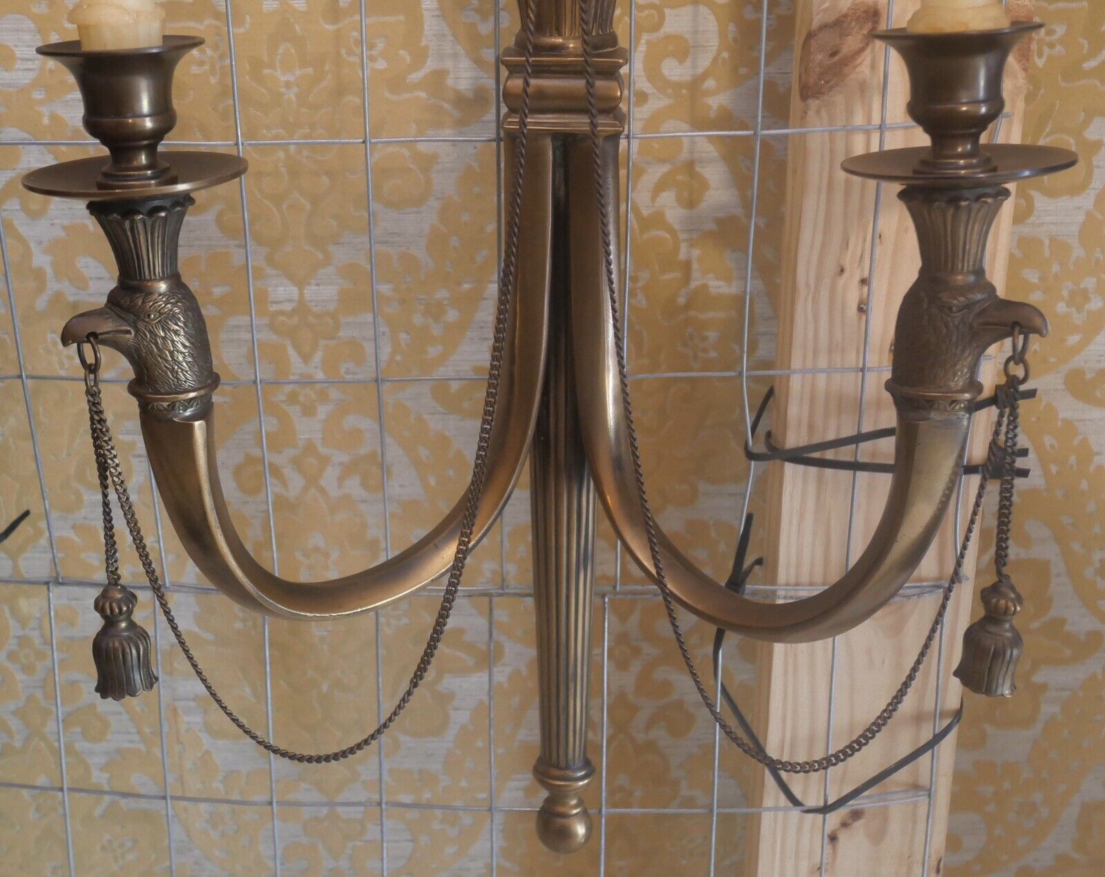 Pair of 1980's American Federal Style Gilt Brass Eagle/Torch Candelabra Sconces