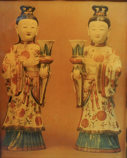 Vintage Circa 1970 Chinese Porcelain Figural Candlesticks Decoupage on Wood Art