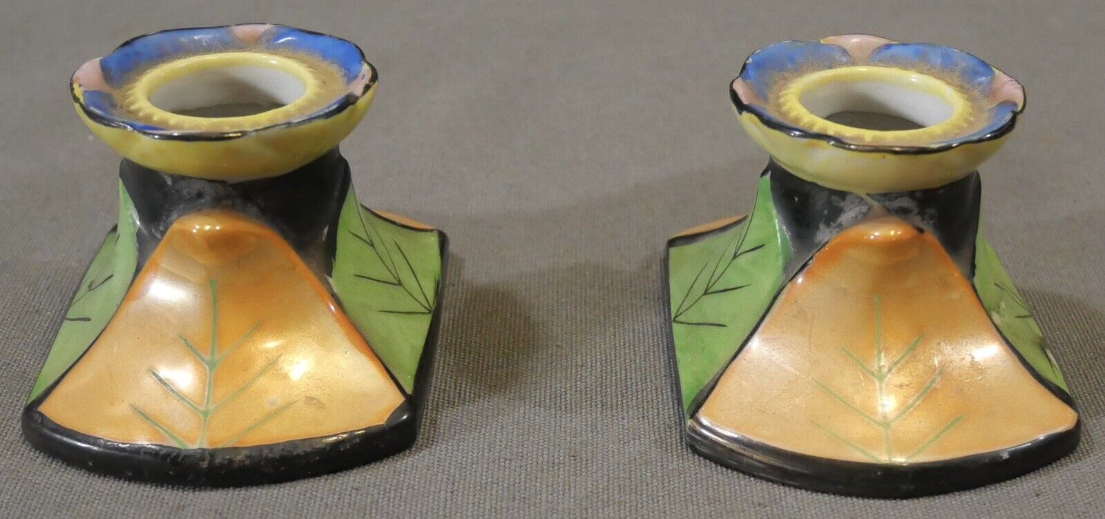 Pair of Mid 20th Century Japanese Lusterware Porcelain Leaf Motifs Candlesticks