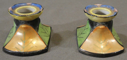 Pair of Mid 20th Century Japanese Lusterware Porcelain Leaf Motifs Candlesticks
