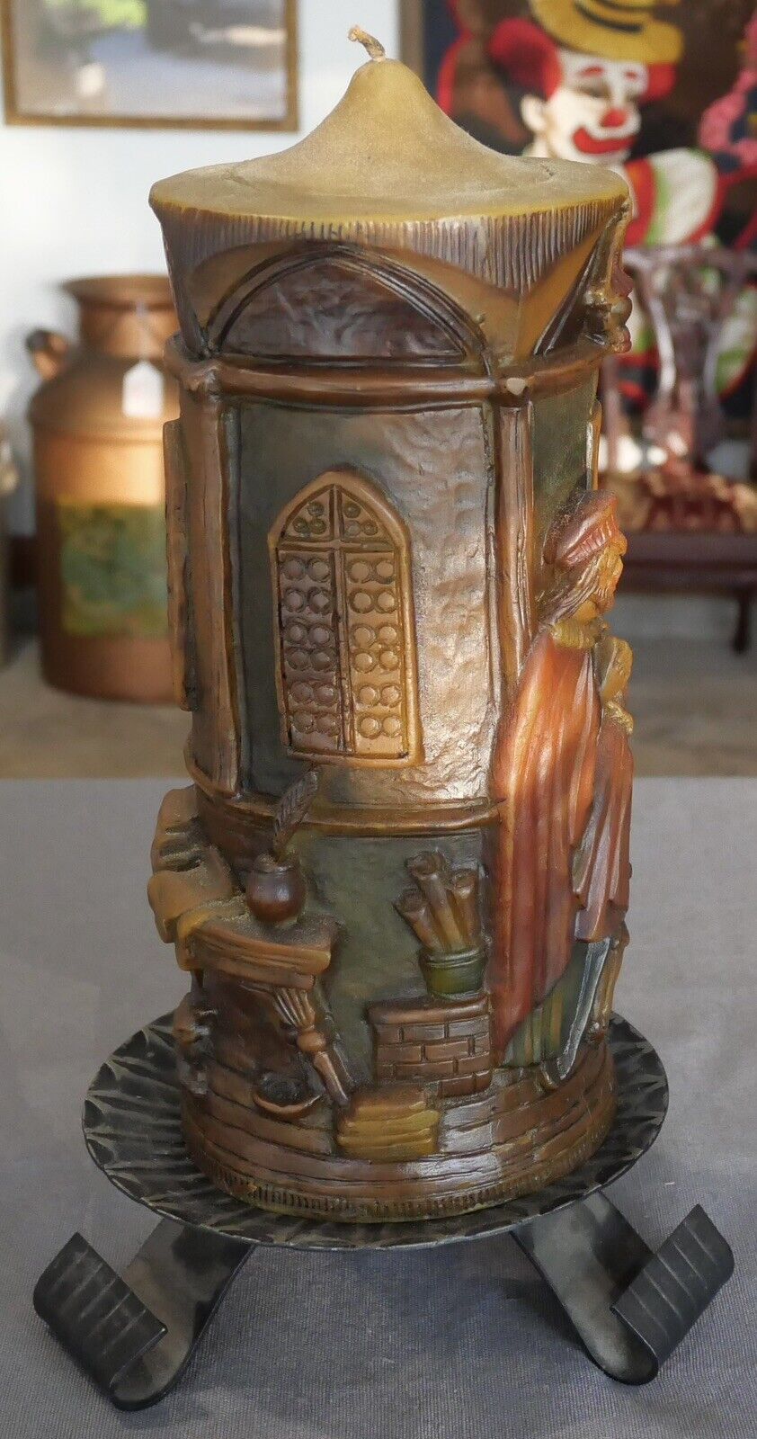 Mid 20th Century German Johann Gunter Observatory Scene Carved Candle with Stand